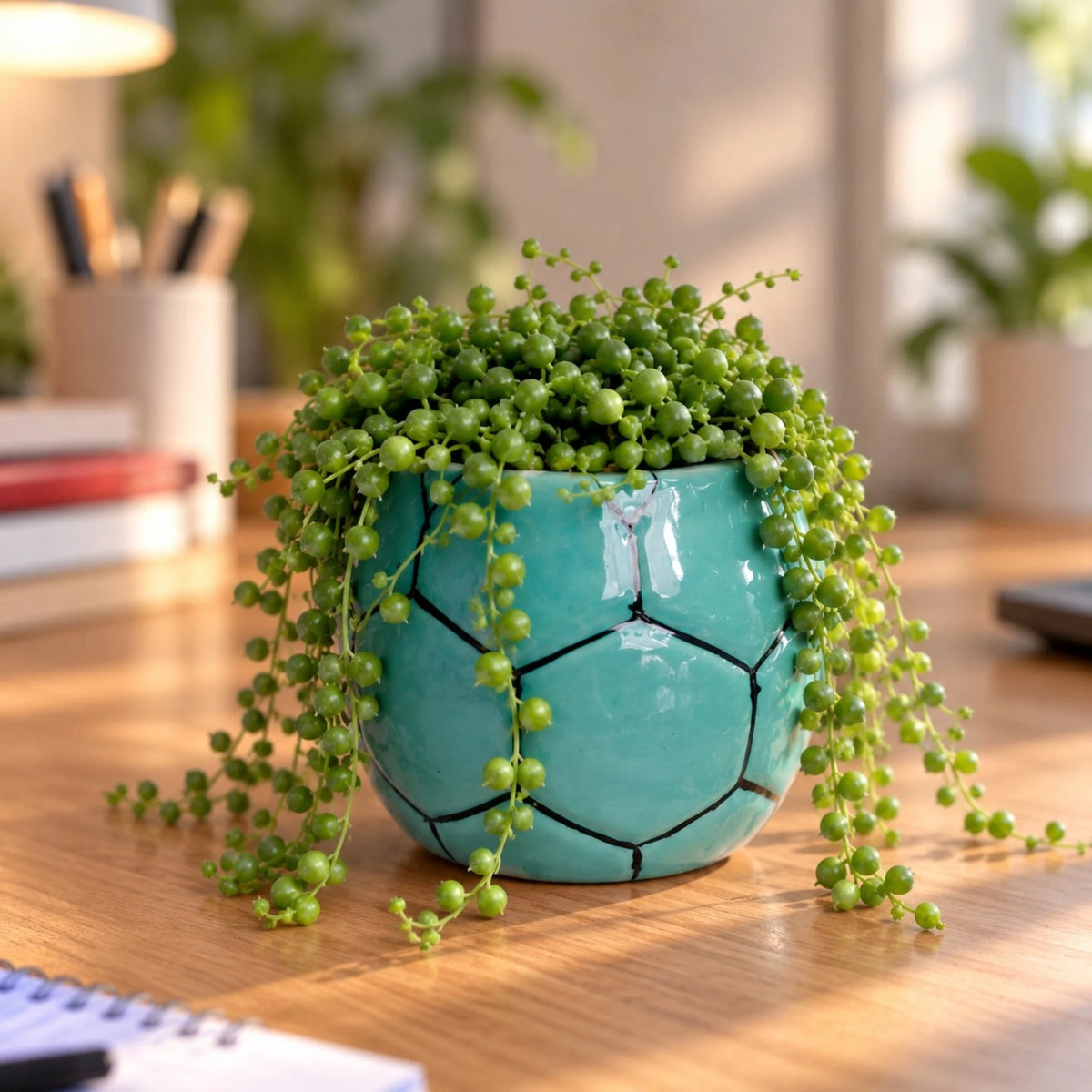 Teal Football Shaped Ceramic Flower Pot with Drainage Hole ( 10×11 cm )