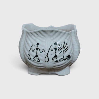 Hand-Painted Warli Art Ceramic Planter with Drainage Hole (14 × 13 cm)