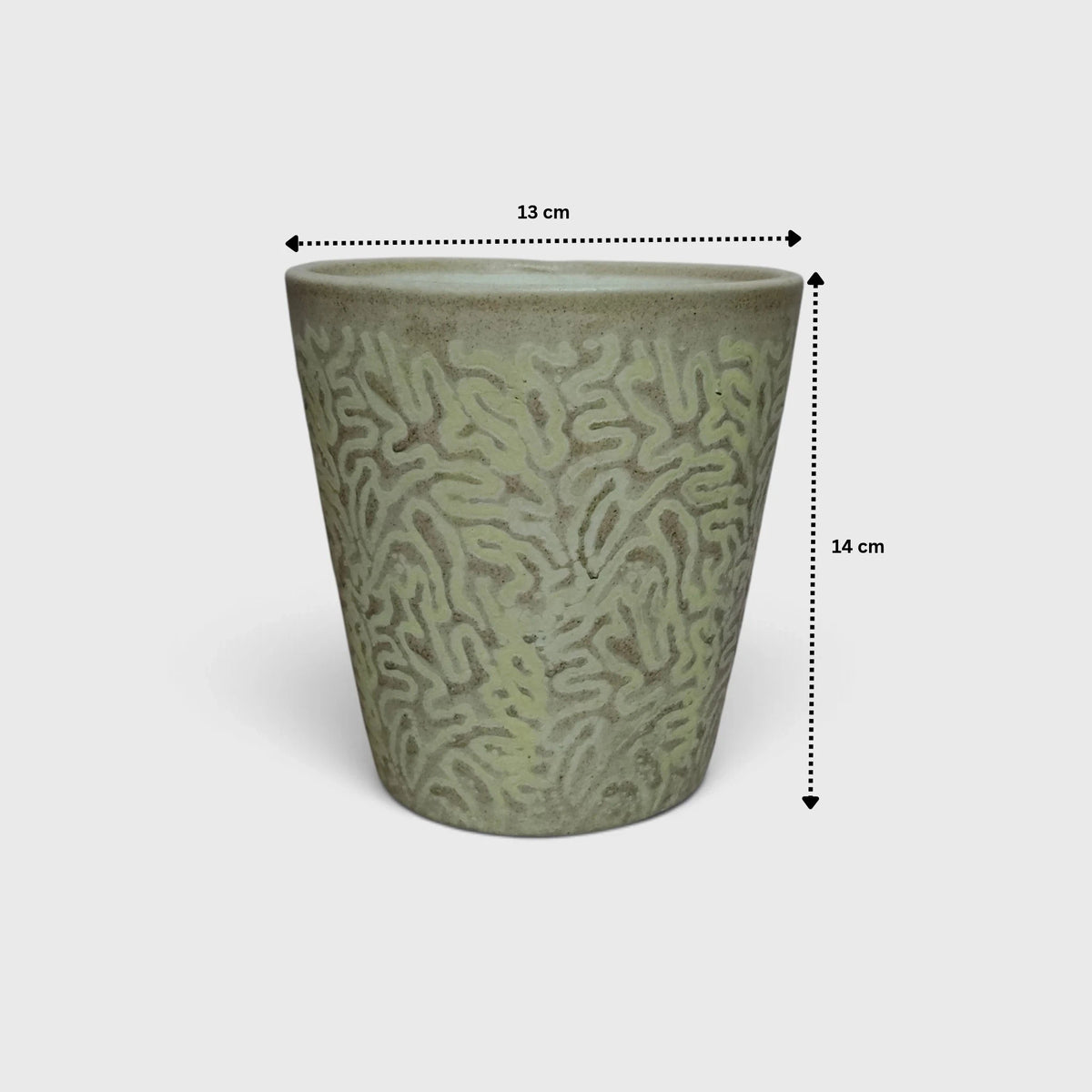 Textured Green Ceramic Flower Pot with Abstract Pattern & Drainage Hole