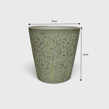 Textured Green Ceramic Flower Pot with Abstract Pattern & Drainage Hole