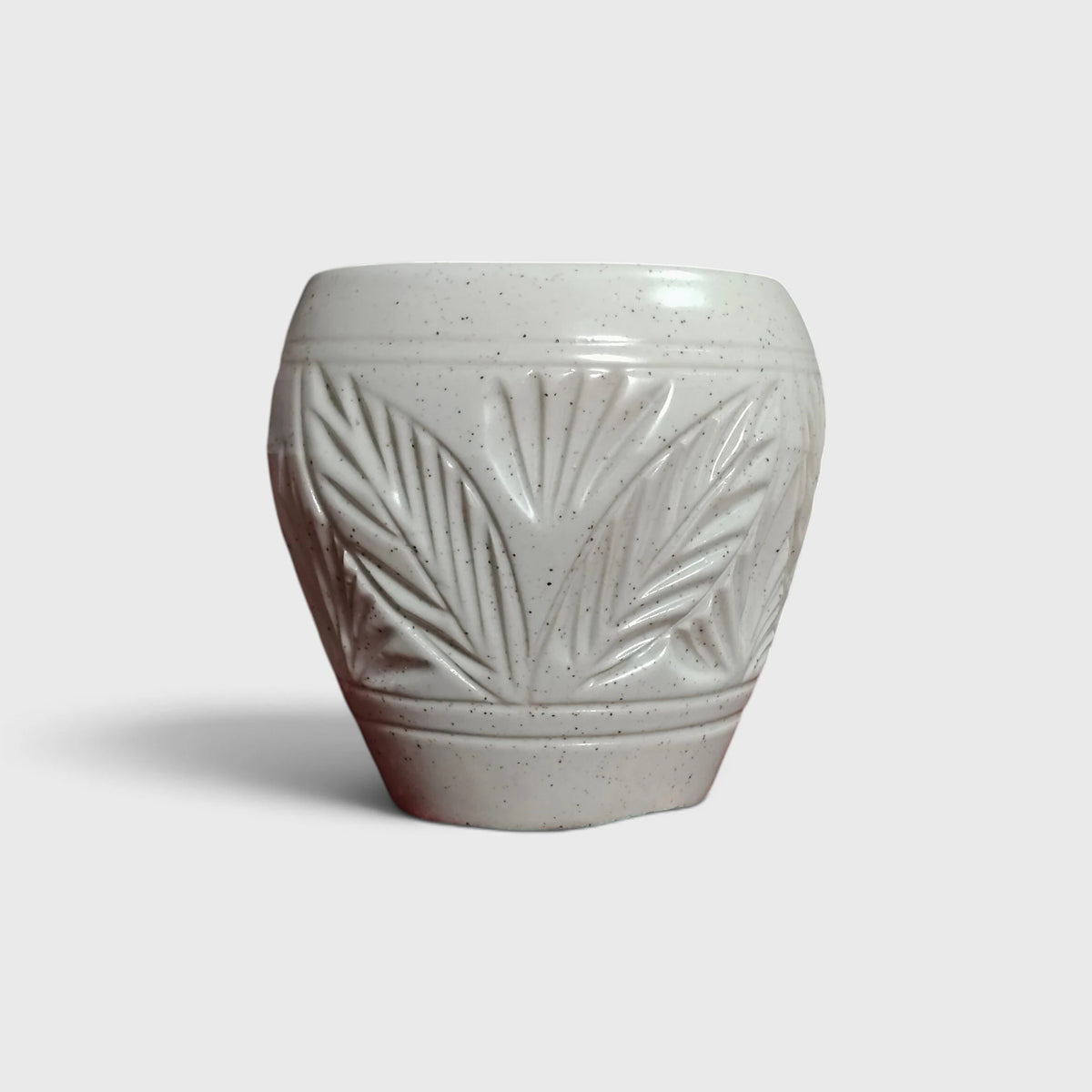 Beige Ceramic Planter Pot – Tropical Leaf Pattern with Drainage Hole (4.5x5.5 in)