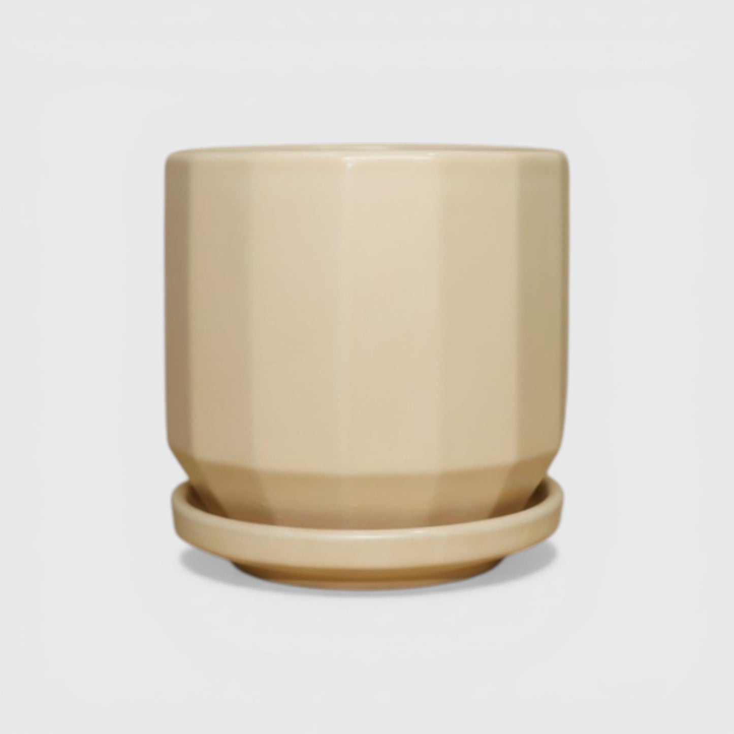 Beige Ceramic Planter Pot 4 x 4 Inch – Faceted Round with Drainage Hole & Saucer