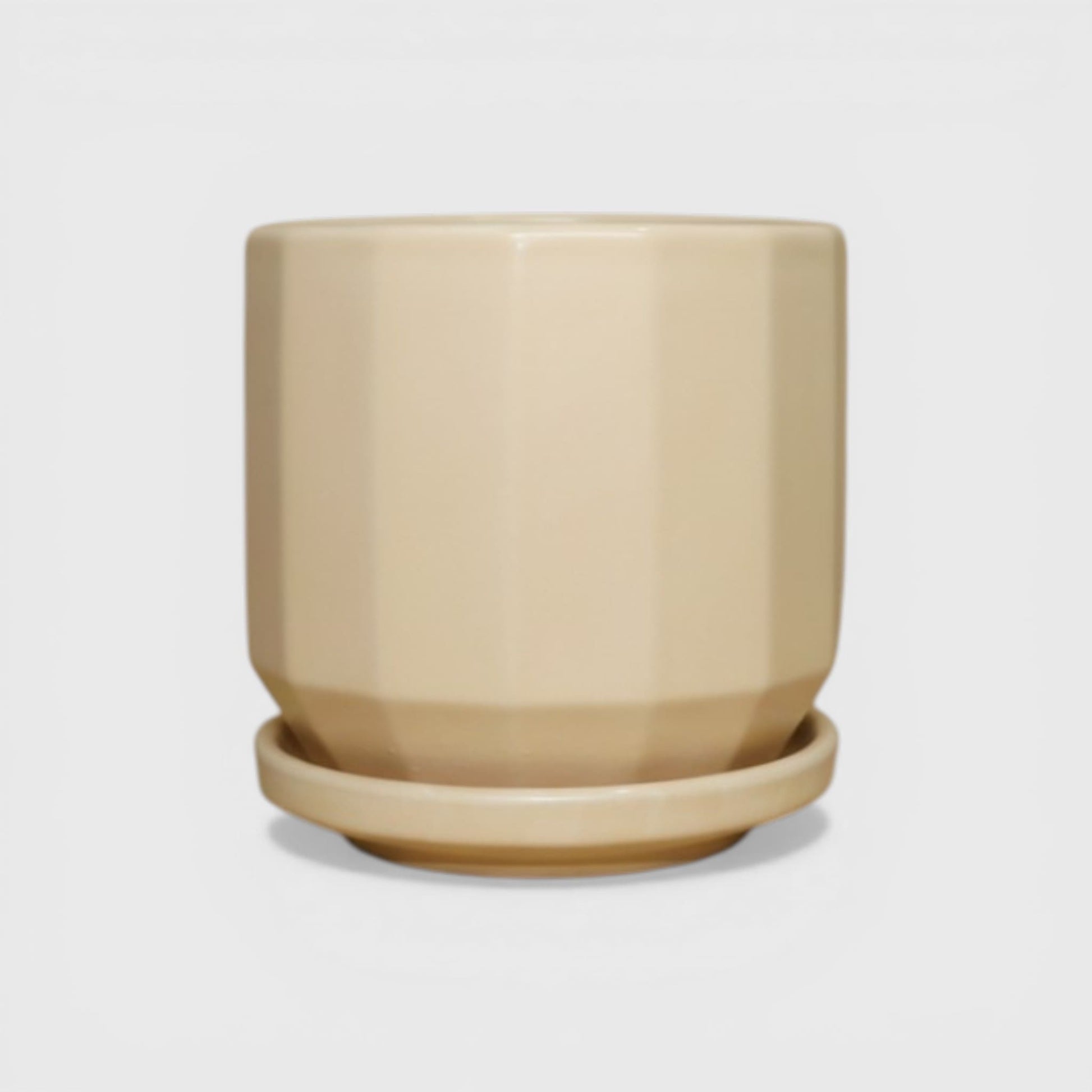 Beige Ceramic Planter Pot 4 x 4 Inch – Faceted Round with Drainage Hole & Saucer