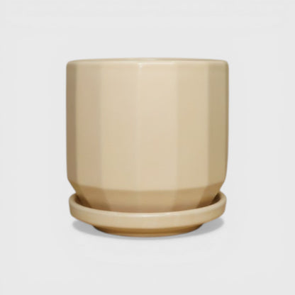 Beige Ceramic Planter Pot 4 x 4 Inch – Faceted Round with Drainage Hole & Saucer
