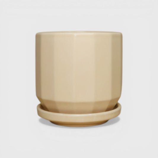 Beige Ceramic Planter Pot 4 x 4 Inch – Faceted Round with Drainage Hole & Saucer