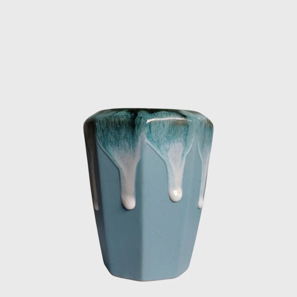 Flux & Facet Ceramic Planter with Drip-Glaze Rim ( 8x16 cm )