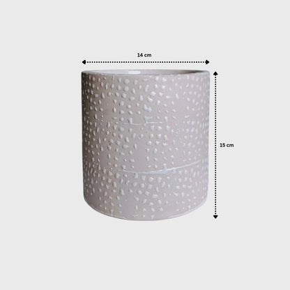 Beige White Dotted Ceramic Planter with Drainage Hole ( 14x15 cm )