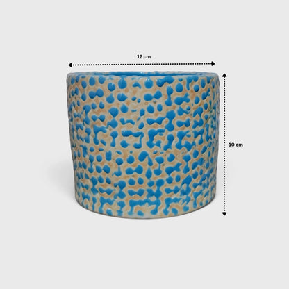 Blue Dotted Ceramic Planter – Textured Cylindrical Flower Pot for Indoor Plants