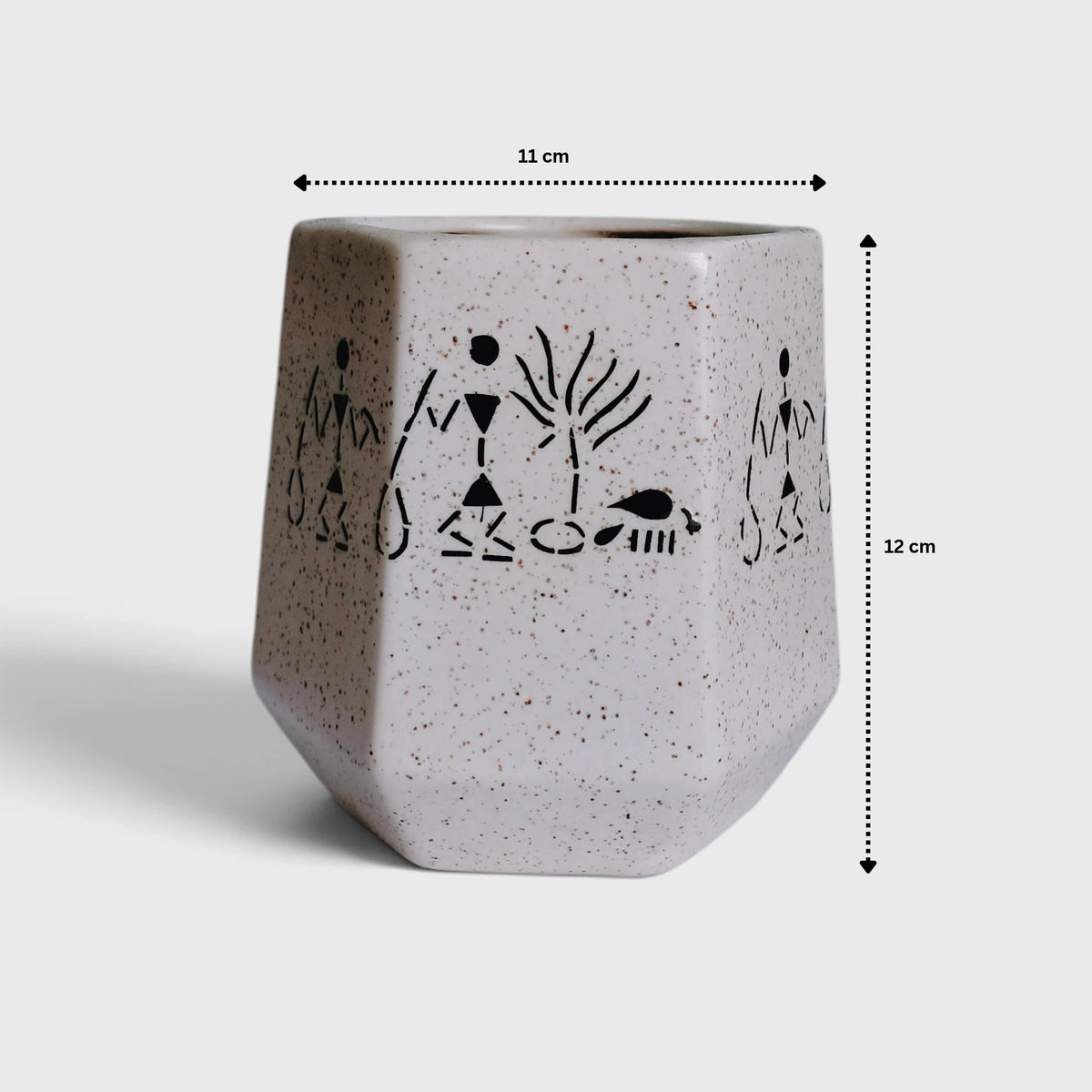 Warli Tribal Art Speckled Ceramic Planter with Drainage Hole ( 11x12 cm )