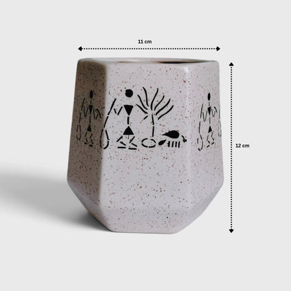 Warli Tribal Art Speckled Ceramic Planter with Drainage Hole ( 11x12 cm )