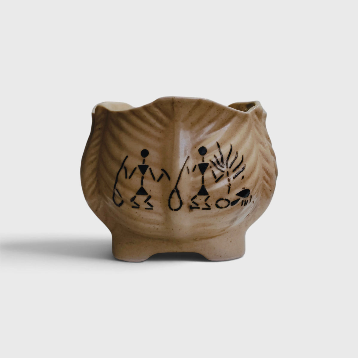 Hand-Painted Warli Art Ceramic Planter with Drainage Hole (14 × 13 cm)