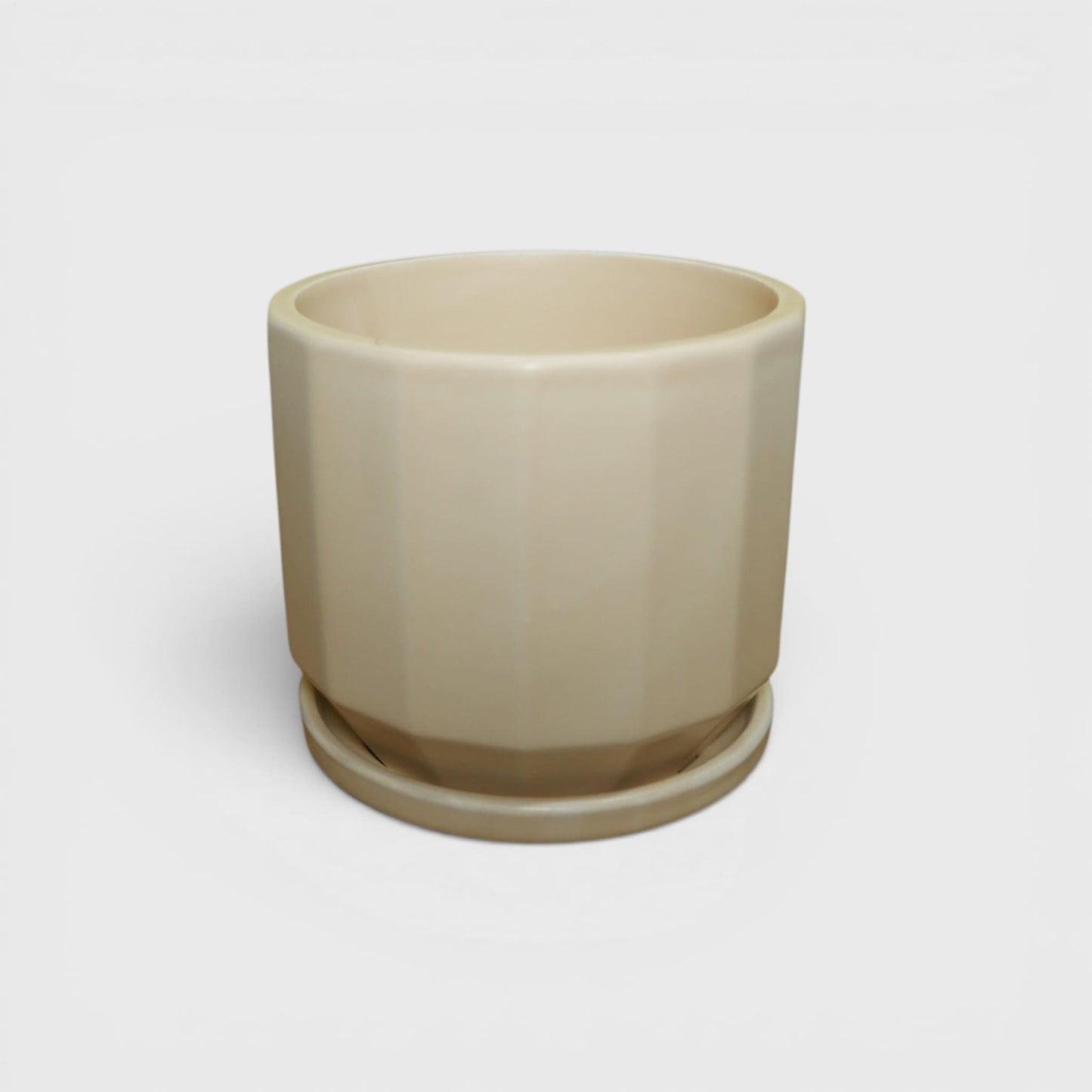 Beige Ceramic Planter Pot 4 x 4 Inch – Faceted Round with Drainage Hole & Saucer