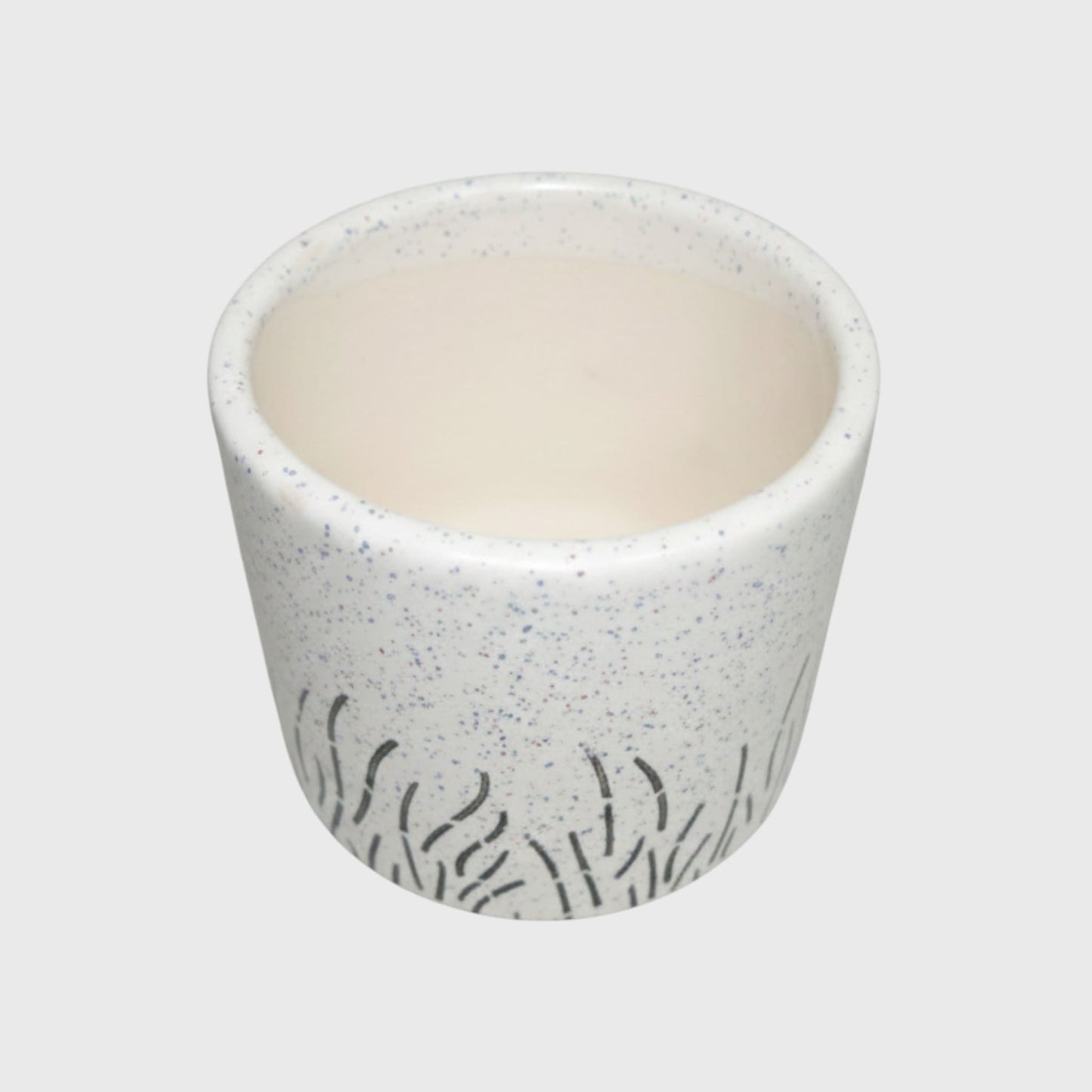 White Speckled Ceramic Planter – Black Grass Design with Drainage Hole (4×3.3 in)