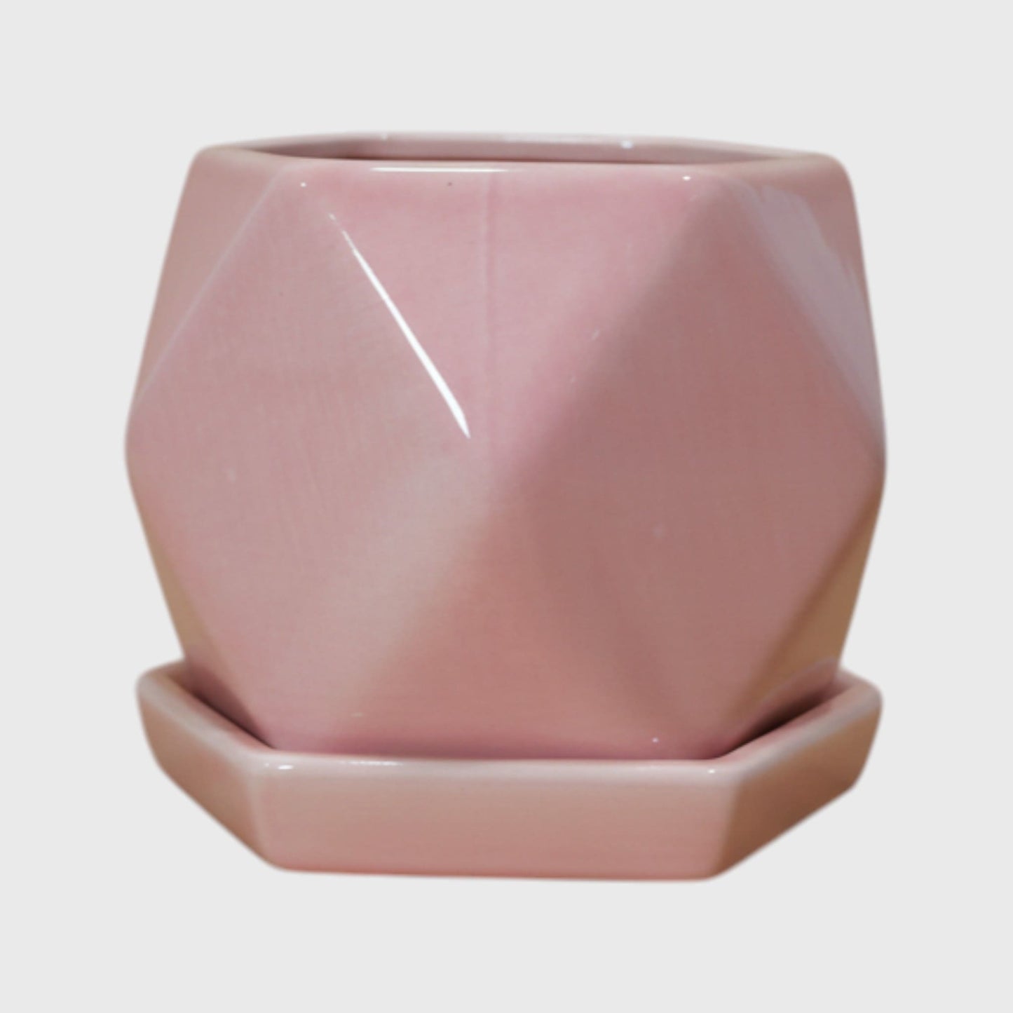 Pink Geometric Ceramic Pot with Saucer (4×4 in)