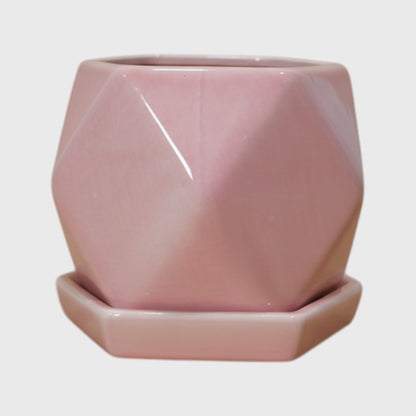 Pink Geometric Ceramic Pot with Saucer (4×4 in)