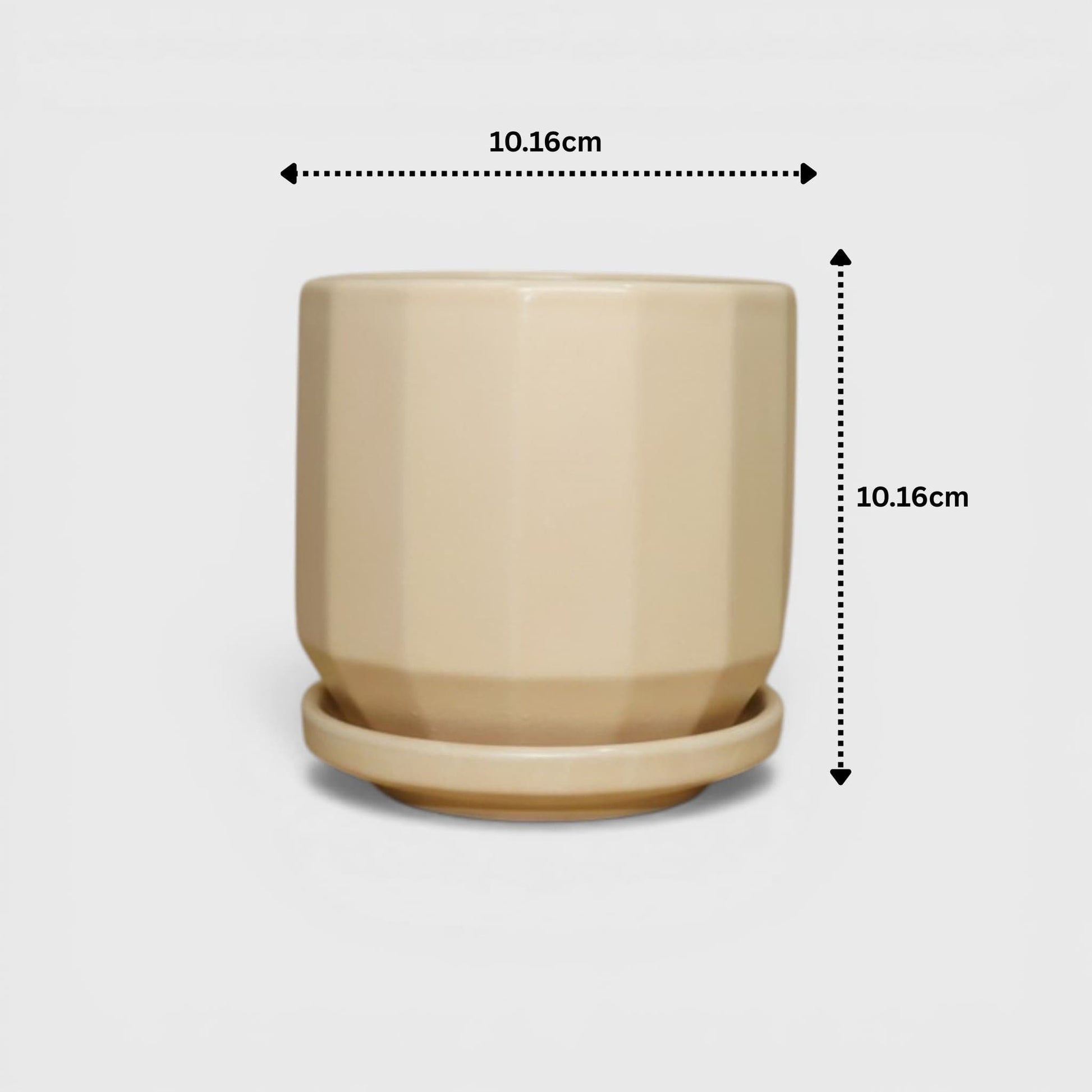 Beige Ceramic Planter Pot 4 x 4 Inch – Faceted Round with Drainage Hole & Saucer