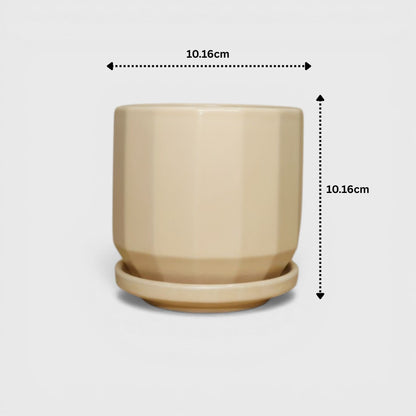 Beige Ceramic Planter Pot 4 x 4 Inch – Faceted Round with Drainage Hole & Saucer