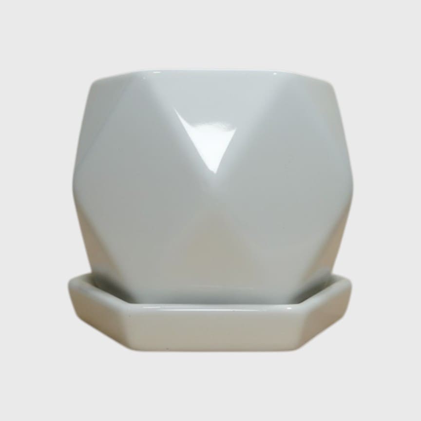White Geometric Ceramic Plant Pot with Matching Saucer – 4x4 Inch