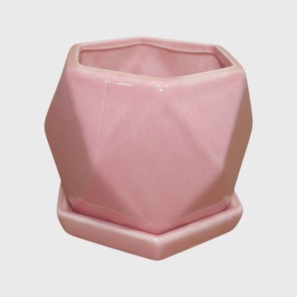 Pink Geometric Ceramic Pot with Saucer (4×4 in)