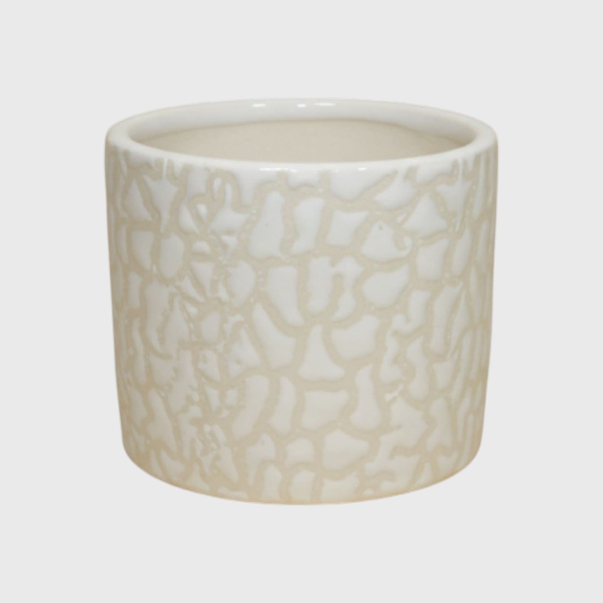 White Ceramic Planter – Textured Abstract Pattern with Drainage Hole (4×4 in)