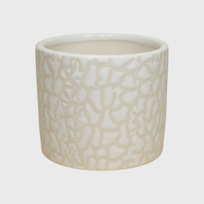 White Ceramic Planter – Textured Abstract Pattern with Drainage Hole (4×4 in)