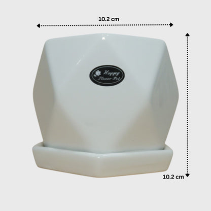 White Geometric Ceramic Plant Pot with Matching Saucer – 4x4 Inch