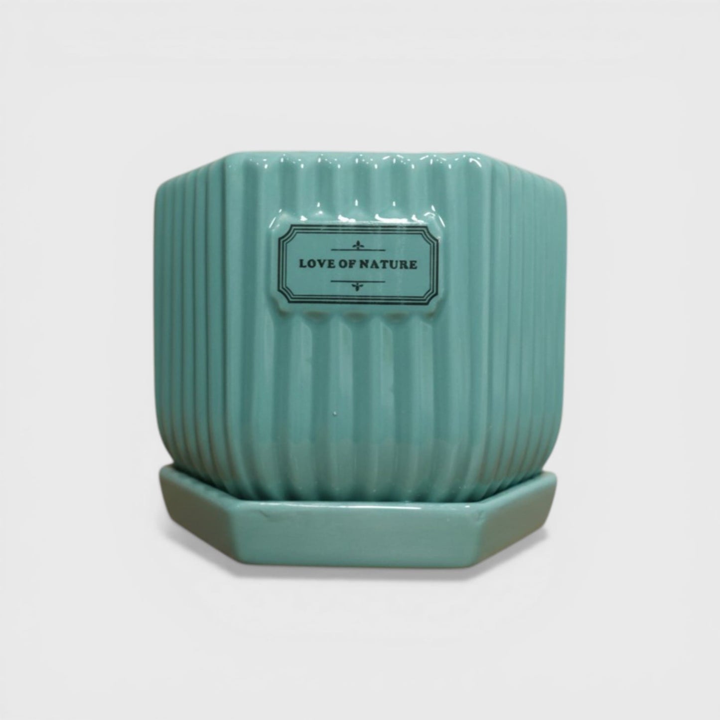 Glossy Ribbed Ceramic Planter Pot with Saucer – Teal Green 4 x 4 Inch