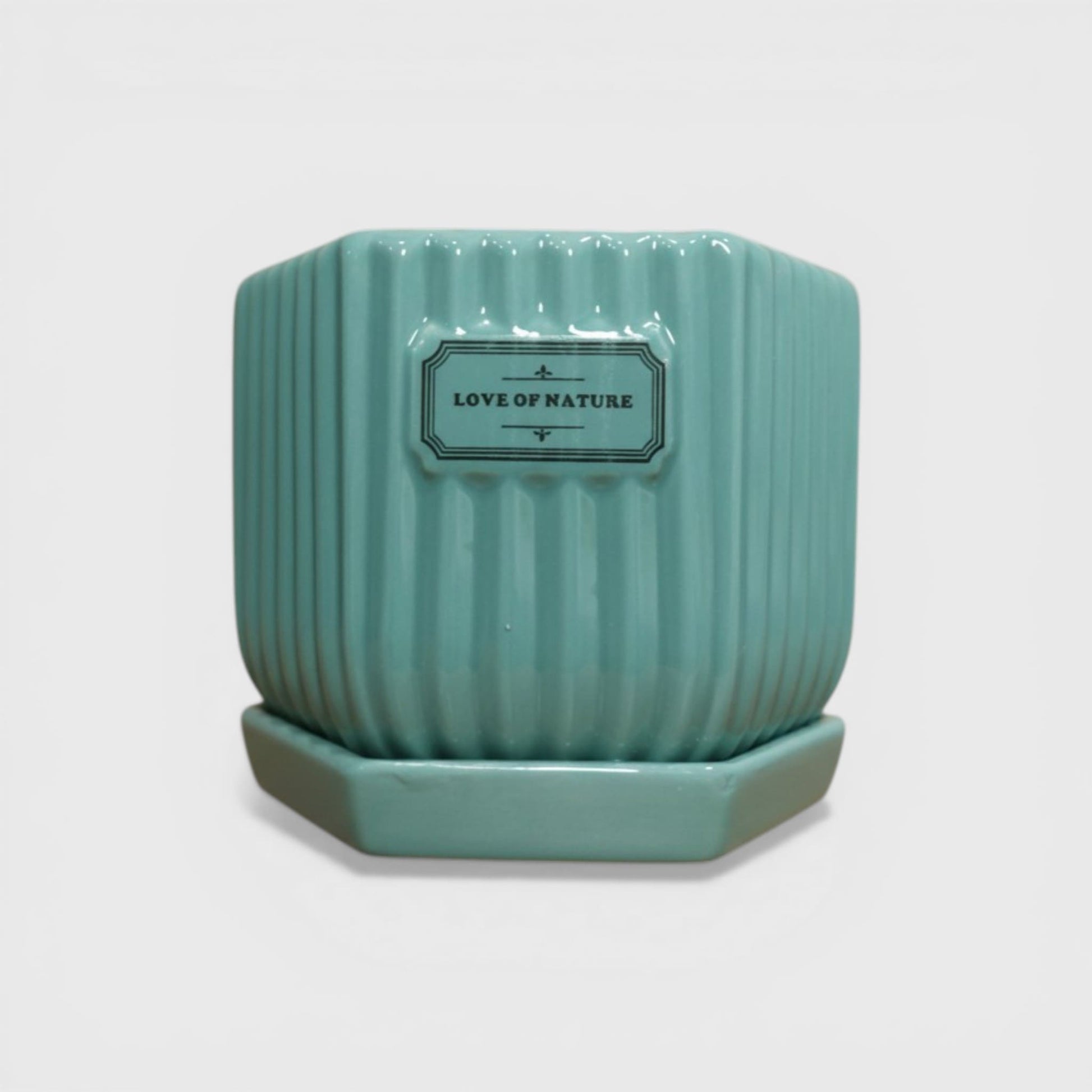 Glossy Ribbed Ceramic Planter Pot with Saucer – Teal Green 4 x 4 Inch