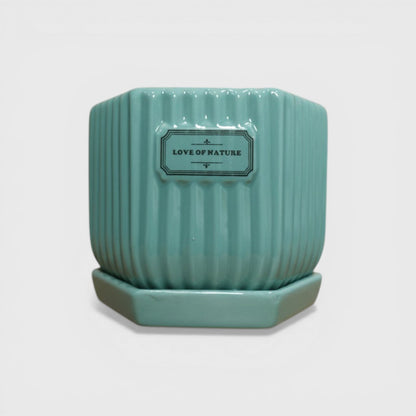 Glossy Ribbed Ceramic Planter Pot with Saucer – Teal Green 4 x 4 Inch
