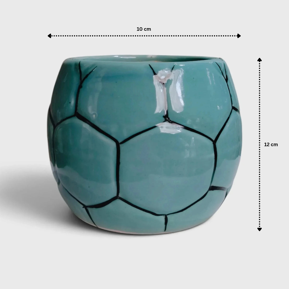 Teal Football Shaped Ceramic Flower Pot with Drainage Hole ( 10×11 cm )