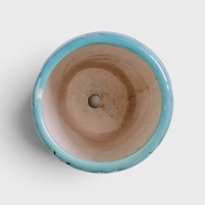 Teal Football Shaped Ceramic Flower Pot with Drainage Hole ( 10×11 cm )