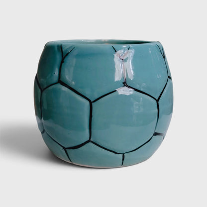 Teal Football Shaped Ceramic Flower Pot with Drainage Hole ( 10×11 cm )