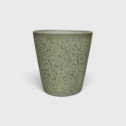 Textured Green Ceramic Flower Pot with Abstract Pattern & Drainage Hole