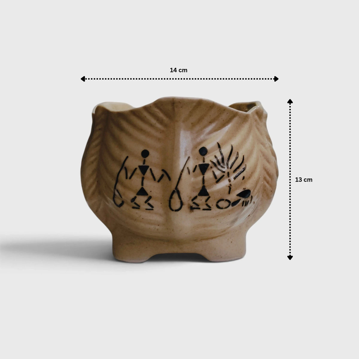 Hand-Painted Warli Art Ceramic Planter with Drainage Hole (14 × 13 cm)
