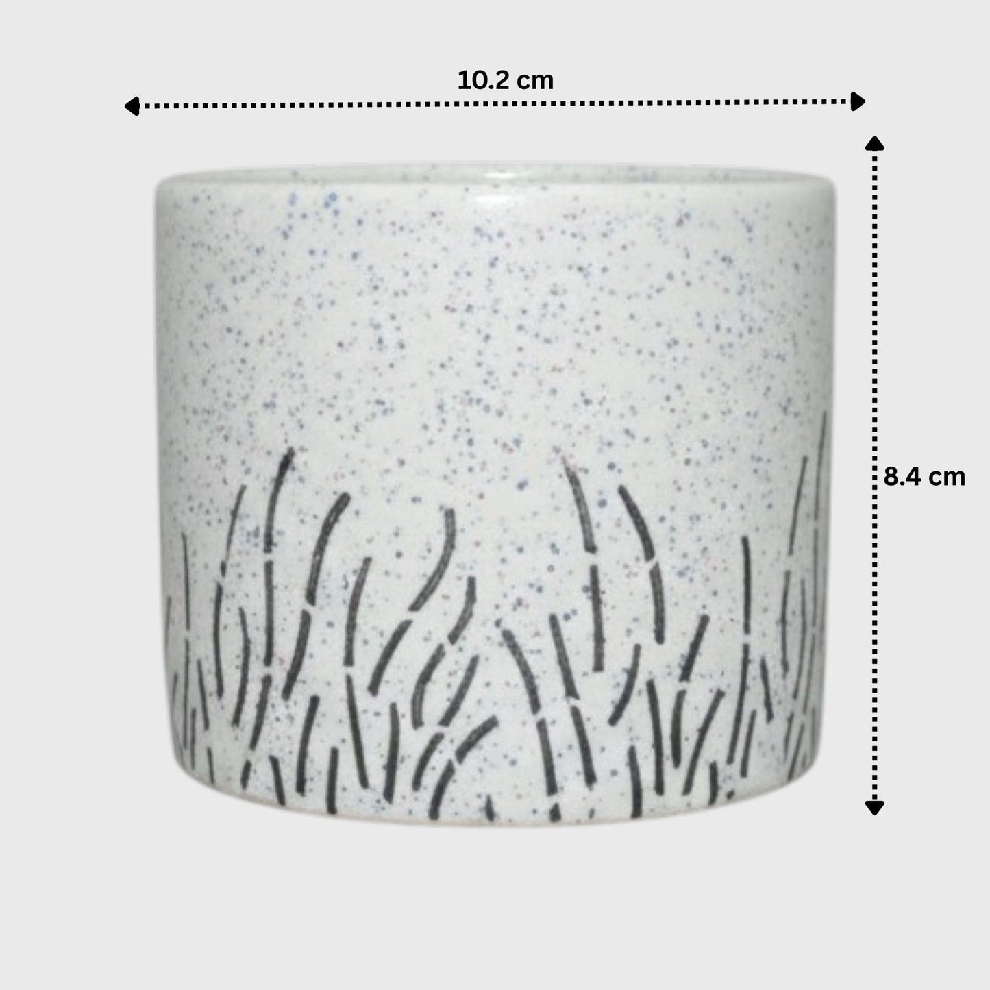 White Speckled Ceramic Planter – Black Grass Design with Drainage Hole (4×3.3 in)