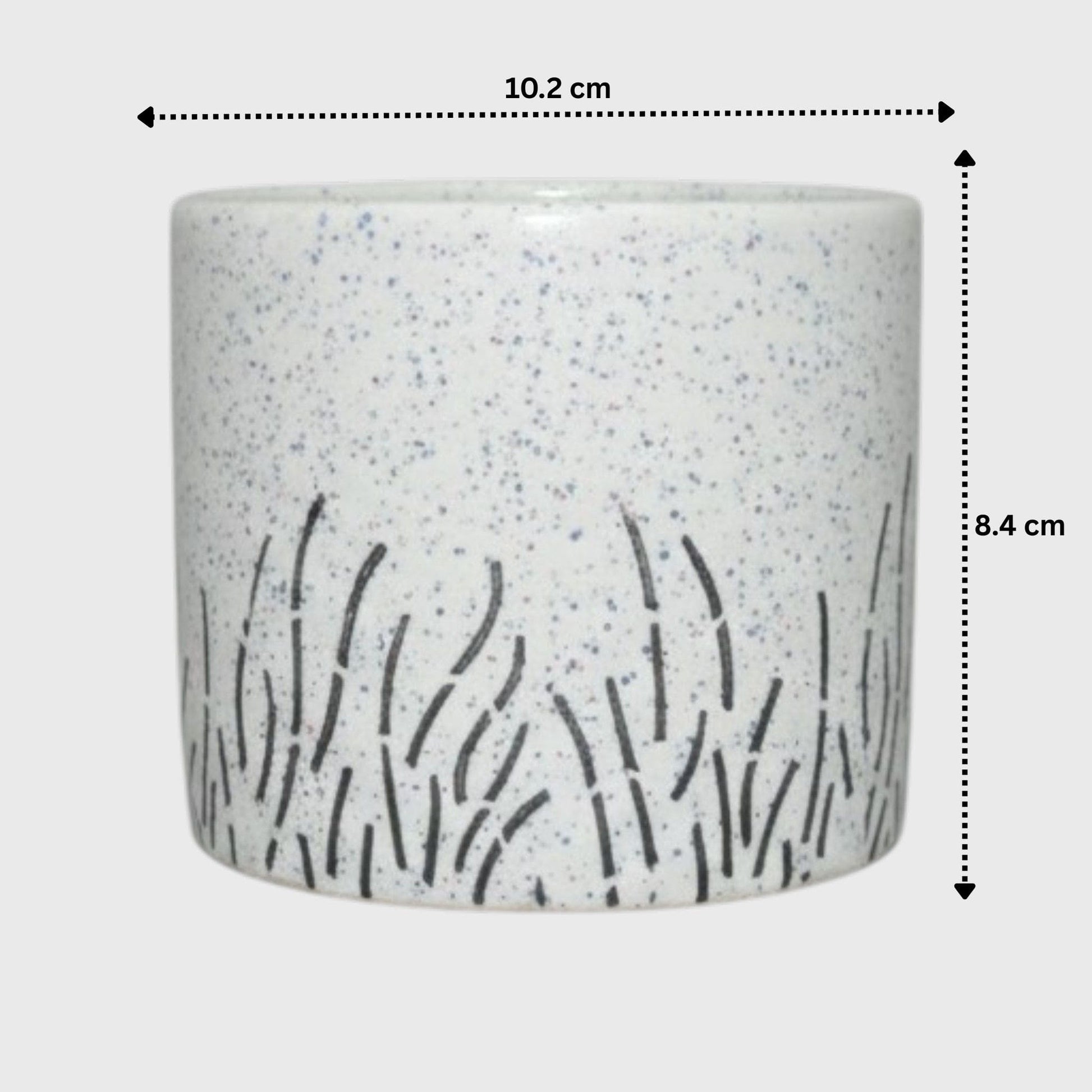 White Speckled Ceramic Planter – Black Grass Design with Drainage Hole (4×3.3 in)