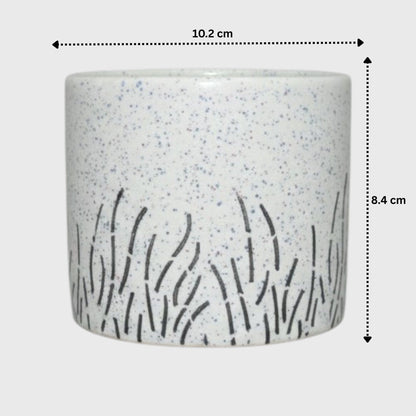 White Speckled Ceramic Planter – Black Grass Design with Drainage Hole (4×3.3 in)