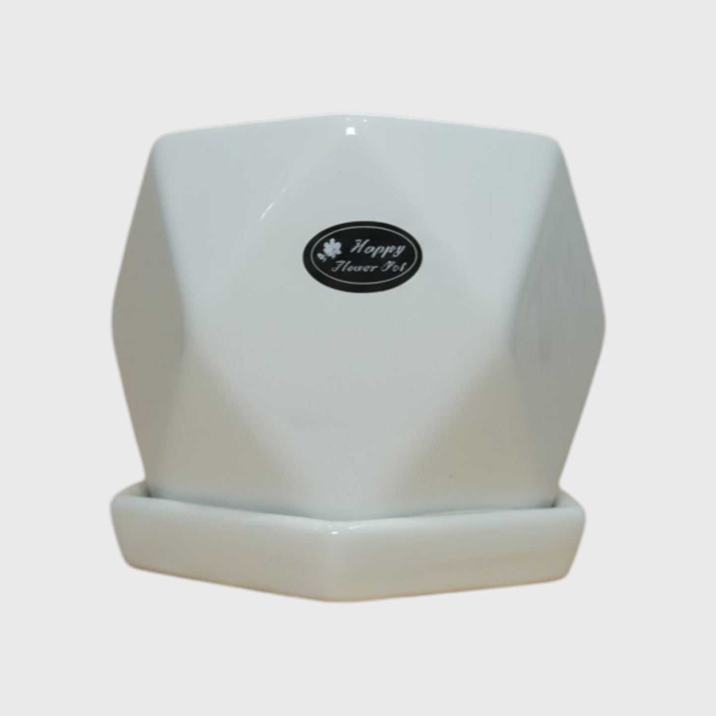 White Geometric Ceramic Plant Pot with Matching Saucer – 4x4 Inch
