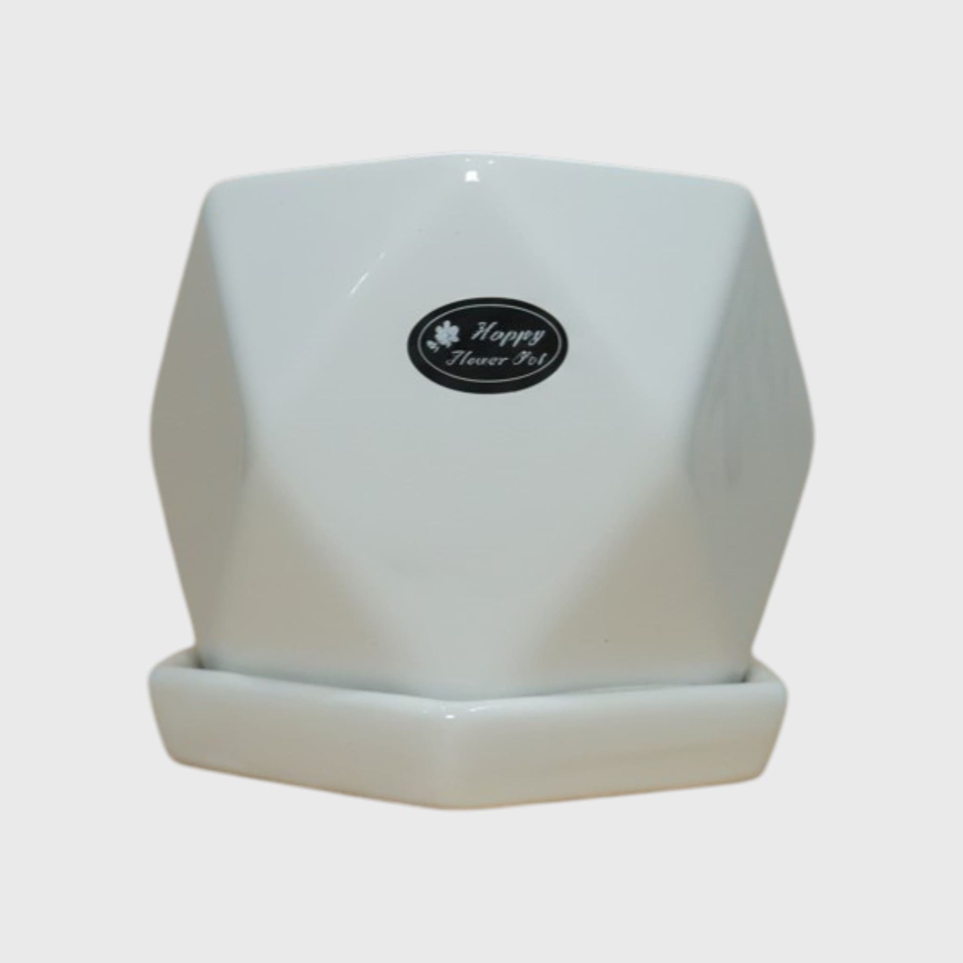 White Geometric Ceramic Plant Pot with Matching Saucer – 4x4 Inch