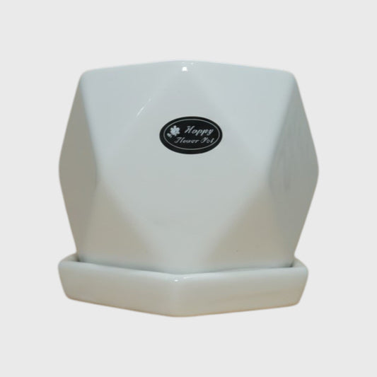 White Geometric Ceramic Plant Pot with Matching Saucer – 4x4 Inch