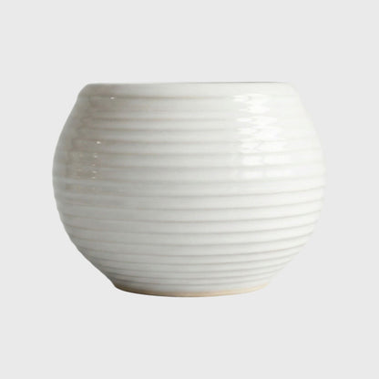 White Ribbed Round Ceramic Planter Pot – 3x3 Inch with Drainage Hole