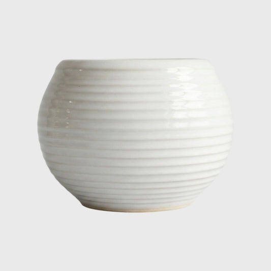White Ribbed Round Ceramic Planter Pot – 3x3 Inch with Drainage Hole