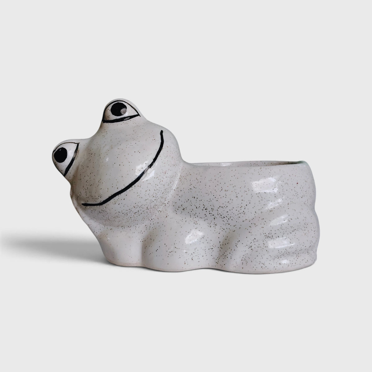 White Speckled Ceramic Frog-Shaped Planter with Drainage Hole