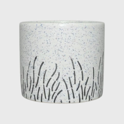 White Speckled Ceramic Planter – Black Grass Design with Drainage Hole (4×3.3 in)