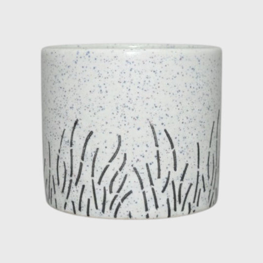 White Speckled Ceramic Planter – Black Grass Design with Drainage Hole (4×3.3 in)