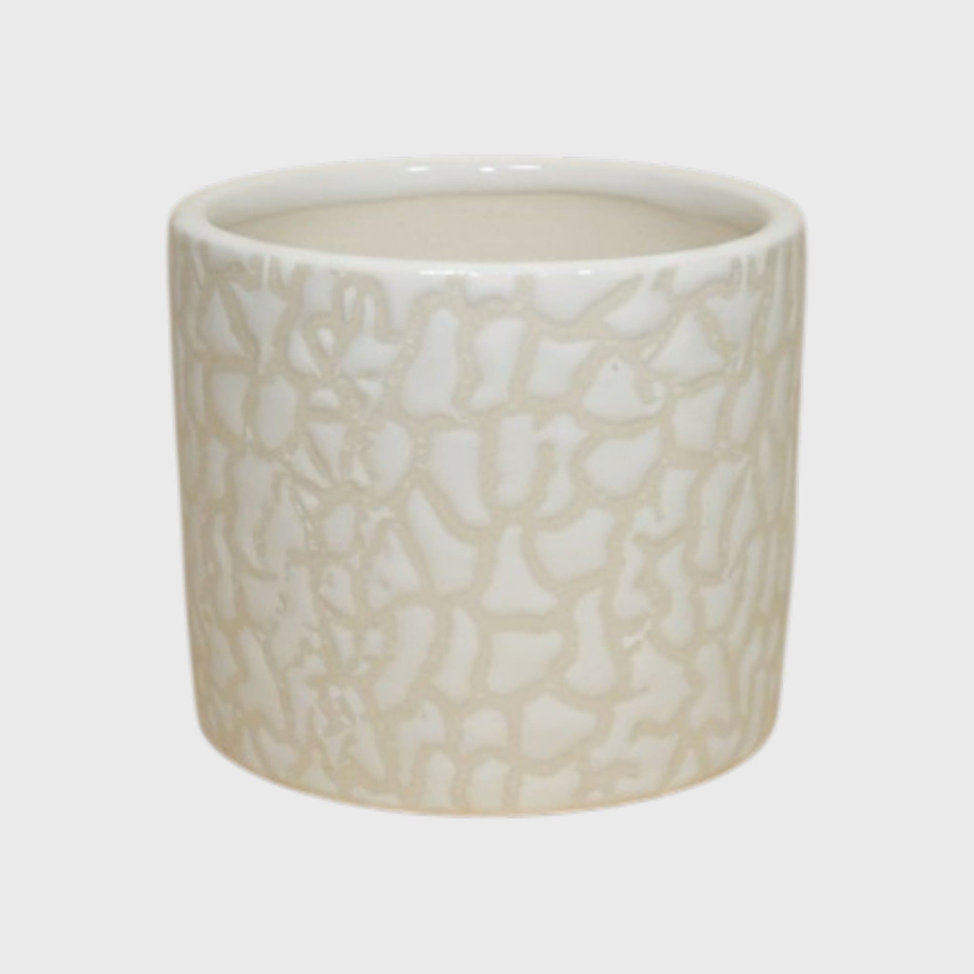 White Ceramic Planter – Textured Abstract Pattern with Drainage Hole (4×4 in)