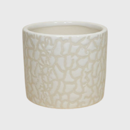 White Ceramic Planter – Textured Abstract Pattern with Drainage Hole (4×4 in)