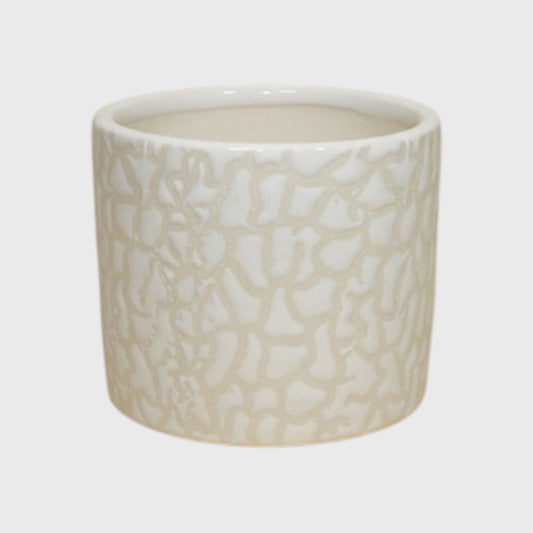 White Ceramic Planter – Textured Abstract Pattern with Drainage Hole (4×4 in)