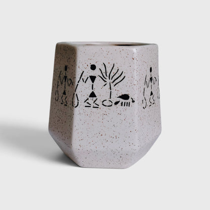 Warli Tribal Art Speckled Ceramic Planter with Drainage Hole ( 11x12 cm )
