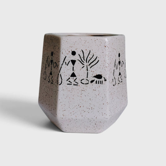 Warli Tribal Art Speckled Ceramic Planter with Drainage Hole ( 11x12 cm )